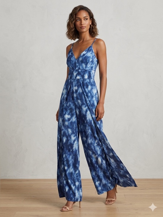 INC International Concepts Pants - INC International Concepts Blue Tie Dye Wide Leg Slit Jumpsuit Small Smocked